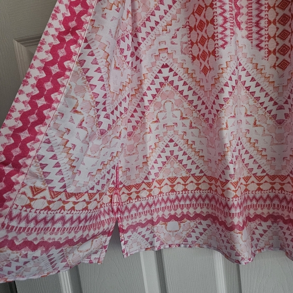 Investments 3/4 Sleeve Open Front Kimono: Magenta/White/Orange Mosaic Tile Print - Picture 10 of 12